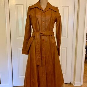 Vintage 70s Brown Leather Trench Coat with Belt